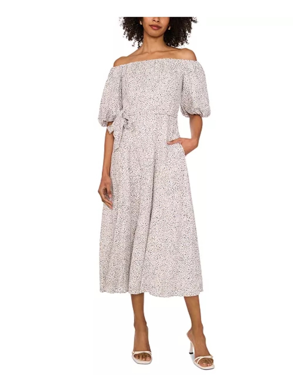 Vince Camuto linen blend Off-Shoulder Puff Sleeve Midi Dress size small
